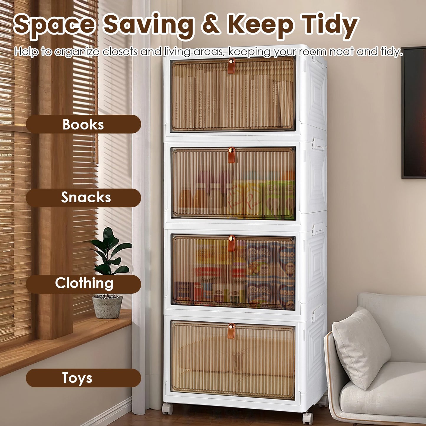 4Pc Foldable Storage Bins with Lids – Stackable Closet Organizer Boxes with Magnetic Front Doors & 360° Wheels