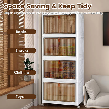 4Pc Foldable Storage Bins with Lids – Stackable Closet Organizer Boxes with Magnetic Front Doors & 360° Wheels