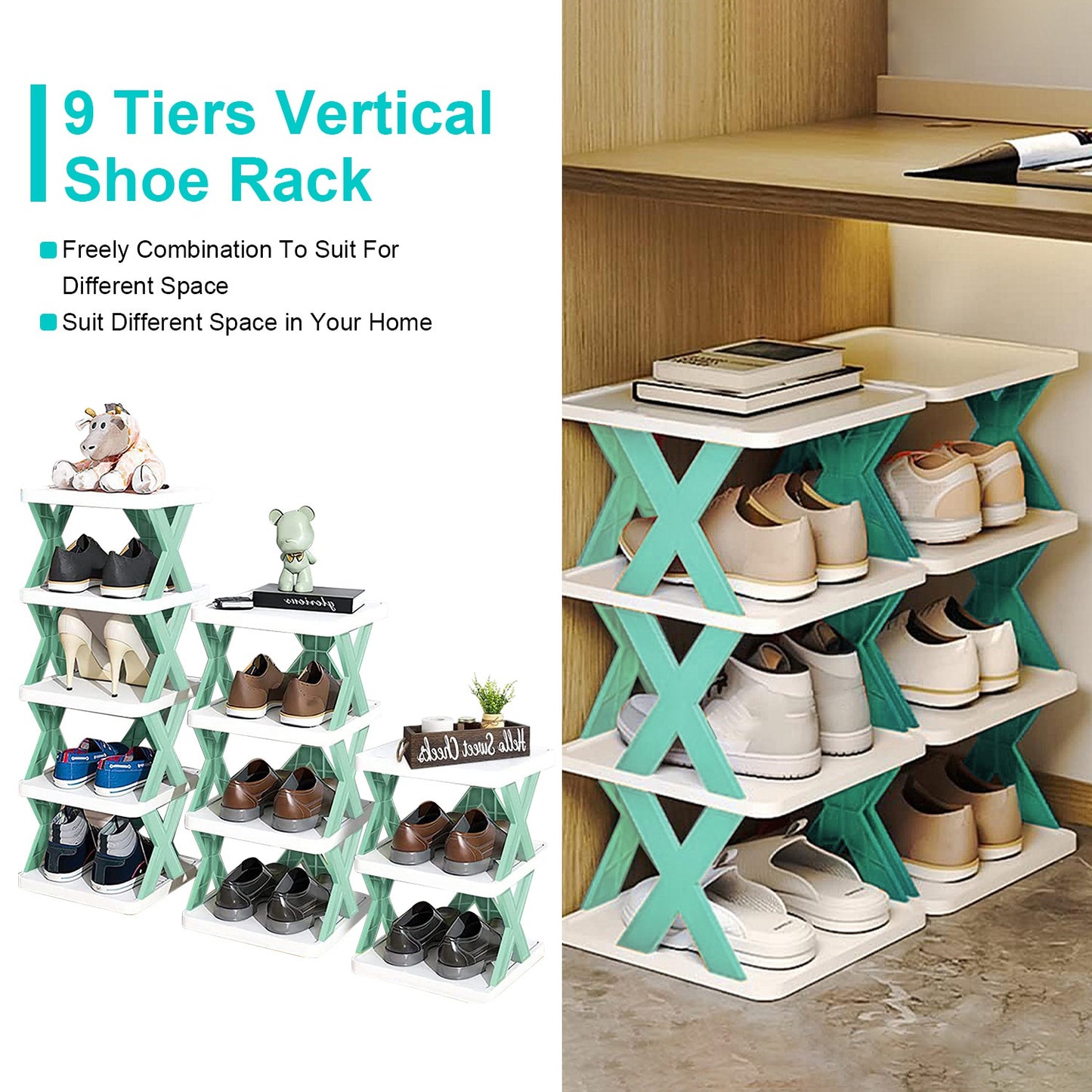 Space-Saving 9-Tier Shoe Rack – Free-Standing Narrow Plastic Shoe Storage Shelf