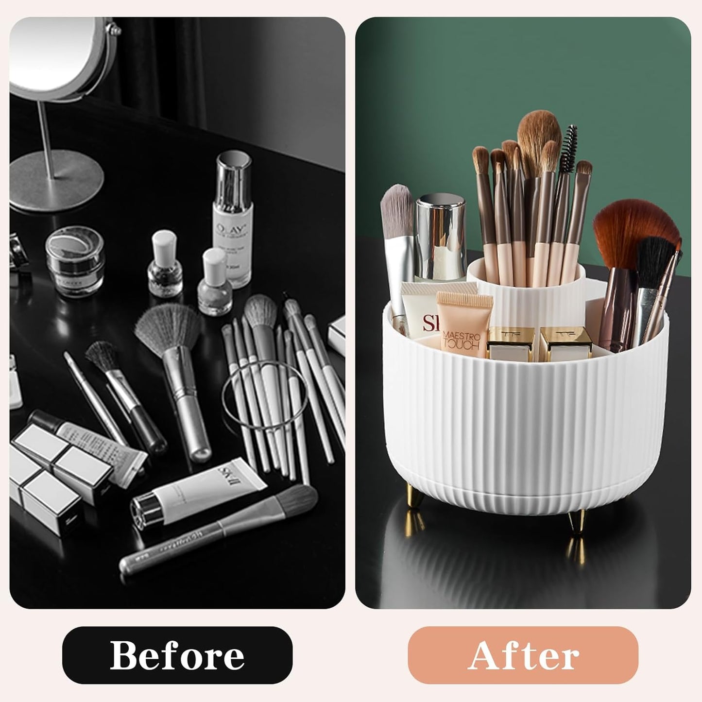 360 Rotating Makeup Brush Holder & Organizer  Countertop Storage For Cosmetics & Skincare 8 Colors