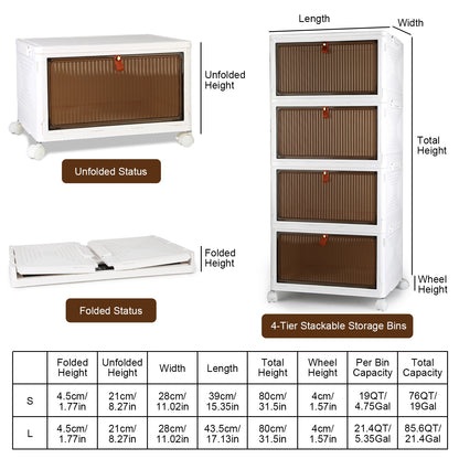 4Pc Foldable Storage Bins with Lids – Stackable Closet Organizer Boxes with Magnetic Front Doors & 360° Wheels